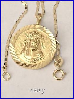 Real 14K Yellow Gold Jesus Face Coin Pendant Charm with Gucci Chain 20 Inch