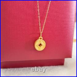 Real 24K Yellow Gold 3D Lucky Coin Pendant 18K Yellow Gold O Chain Necklace