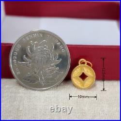 Real 24K Yellow Gold 3D Lucky Coin Pendant 18K Yellow Gold O Chain Necklace