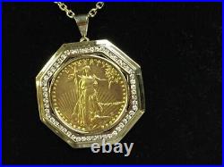 Real Moissanite 0.90Ct Round Oz Lady Liberty Coin Pendant 14K Yellow Gold Plated