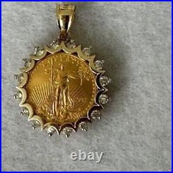 Real Moissanite 2Ct Round Lady Liberty COIN Shape Pendant 14K Yellow Gold Plated
