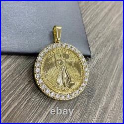 Real Moissanite 2Ct Round Lady Liberty Coin Pendant Yellow Gold Plated Silver