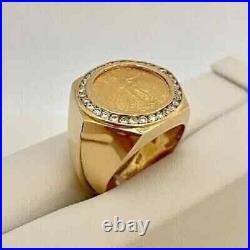 Real Moissanite Charm Coin Men's 1Ct Round Cut Ring 14k Yellow Gold Plated