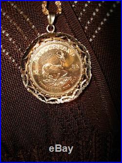 SOUTH AFRICA 1983 1 OZ Gold Krugerrand Coin Pendant Necklace 14K Bezel Chain Set