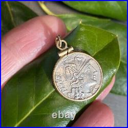 Silver Ancient Coin Moneta 14k Yellow Gold Pendant Roman 2-Sided Athena Horseman