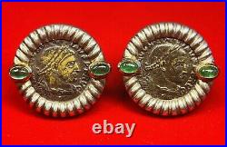 Silver and 14K Yellow Gold Emerald Ancient Roman Coin Omega Clip Earrings
