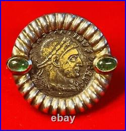 Silver and 14K Yellow Gold Emerald Ancient Roman Coin Omega Clip Earrings