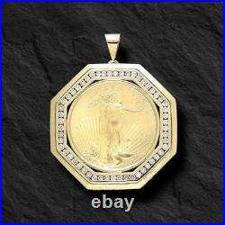Simulated Diamond 0.50Ct Round Lady Liberty Coin Pendant 14K Yellow Gold Finish