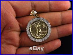 Solid 10K Yellow Gold Statue of Liberty Lady Coin Charm Pendant 1.75 Inch