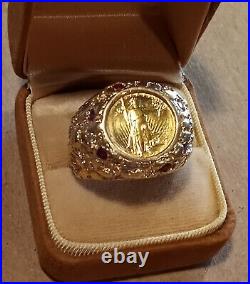 Solid 14k Yellow Gold 21.6 Gr Men's Coin RING with1986 American Eagle 1/10 Size 12