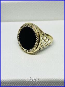 Solid Genuine 9ct Yellow Gold Black Onyx Sovereign Coin Ring Size S New