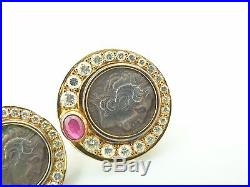 Stunning 18K Yellow Gold Earrings with 925 Roman Coin Copies, Diamonds, & Rubies