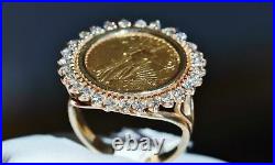 US LIBERTY COIN Ring Yellow Gold Over 2Ct Round Cut Diamond 925 Sterling Silver
