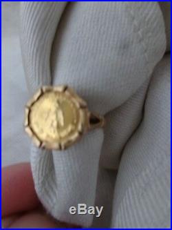 VINTAGE 14K GOLD SIGNET MOUNTING With MEXICAN 1865 MINI COIN LADIES RING sz6.75