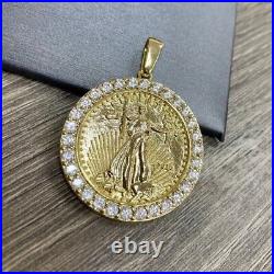 VVS1 Moissanite 2Ct Round Lady Liberty Coin Pendant Yellow Gold Plated Silver