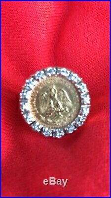 Vintage 14K Gold COIN RING with 22K MEXICAN DOS PESOS Coin 16 Small Diamonds
