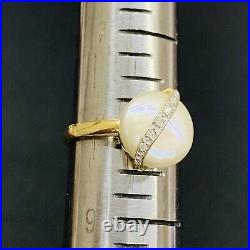 Vintage 14k Yellow Gold Coin Pearl & Diamond Ring Band Size 8