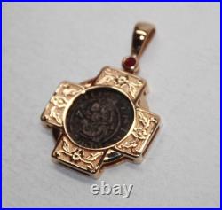 Vintage 14k Yellow Gold Madonna & Child Ancient Coin Cross Pendant 024GRA