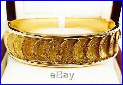 Vintage 18K& 21.6K Gold 13 Mexican Coins 1945 2 PESOS Bangle Bracelet 57.30Grams