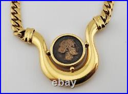 Vintage 18k Solid Yellow Gold Lapis Diamond Ancient Coin Necklace