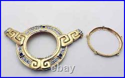 Vintage 18k Yellow Gold Designer Style Coin Frame Pendant Sapphire & Diamond