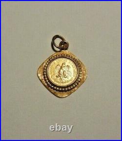 Vintage 1945 Mexican Dos Peso 22k Coin Set In 14k Gold Pendant 20 mm