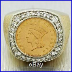 Vintage Estate 14k Yellow Gold 1.00ctw Diamond $1 Indian Princess Coin Ring