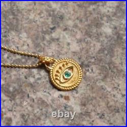 Vintage Natural Green Emerald Evil Eye Pendant Solid 14K Yellow Gold Jewelry