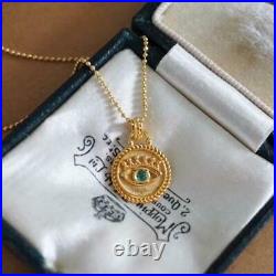 Vintage Natural Green Emerald Evil Eye Women Coin Pendant Solid 14K Yellow Gold