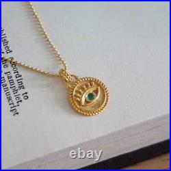 Vintage Natural Green Emerald Evil Eye Women Coin Pendant Solid 14K Yellow Gold