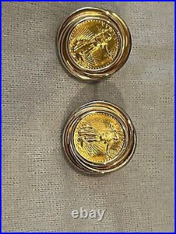 Without Stone Liberty 12 mm Coin Frame Post Earings 14k Yellow Gold Finish