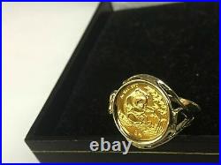 Yellow Gold Finish CHINESE PANDA BEAR COIN CHARM RING 925 Sterling Silver