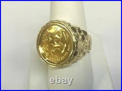 Yellow Gold Finish CHINESE PANDA BEAR COIN Men's Ring 925 Sterling Silver