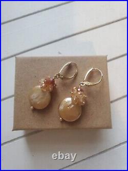 ZB 14k Yellow Gold 13mm Bronze Coin Pearl and Topaz Dangle Earrings